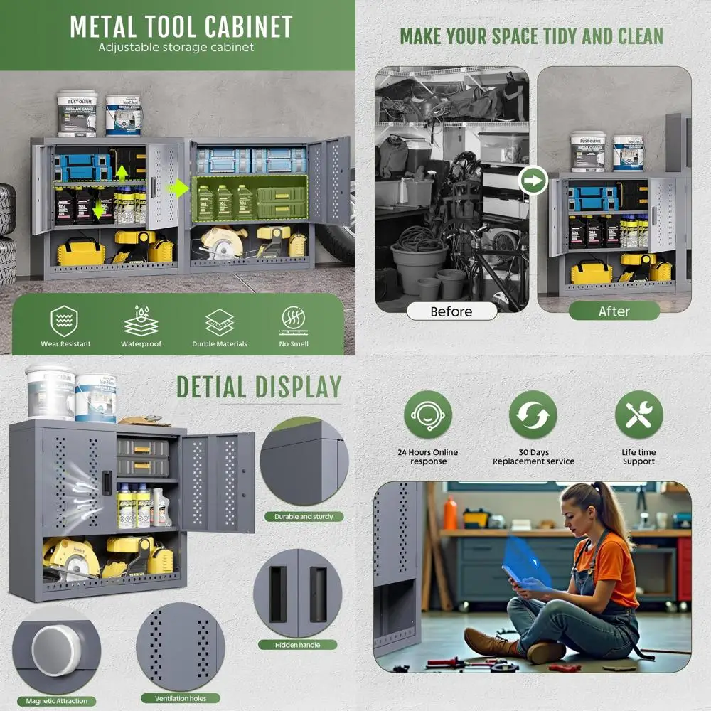 

Прочный стальной настенный шкаф с дверцами и регулируемыми полками для хранения инструментов в гаражах, подвалах и кухнях