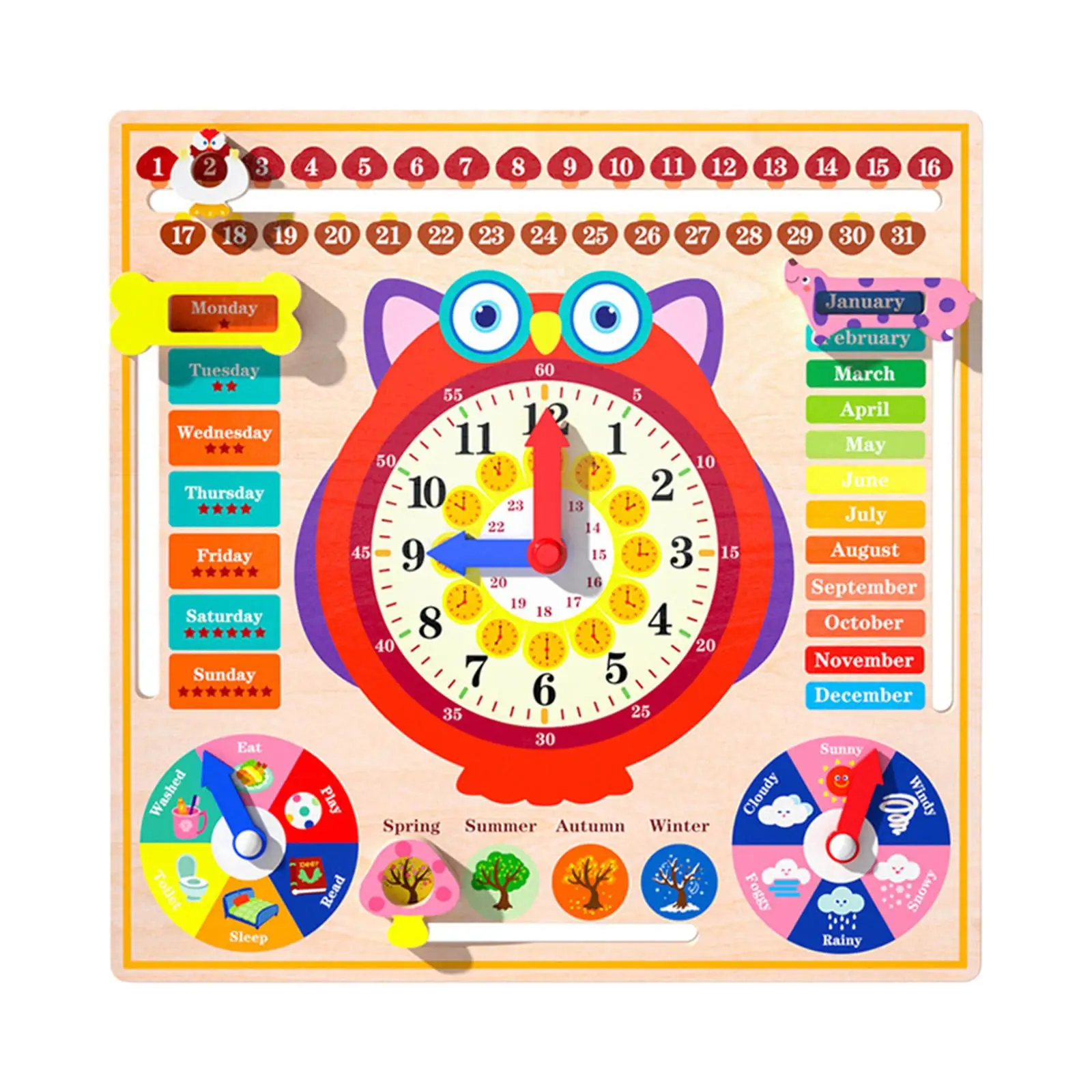 Montessori Wood Toy Kids Clock Calendar Preschool Weather Season Time Cognition Days of Week for Kids Birthday Gifts