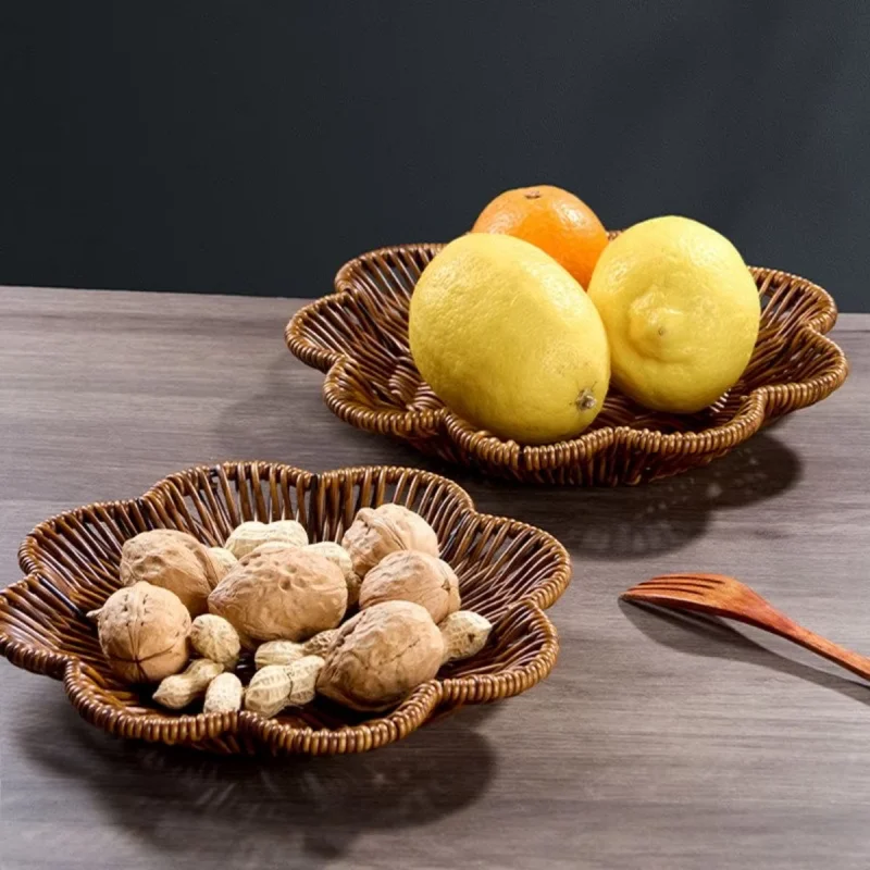 Household Candy Snack Dessert Plate, Imitation Rattan Hand Woven Fruit Basket Living Room Desktop Storage Tray Home Decor Orname