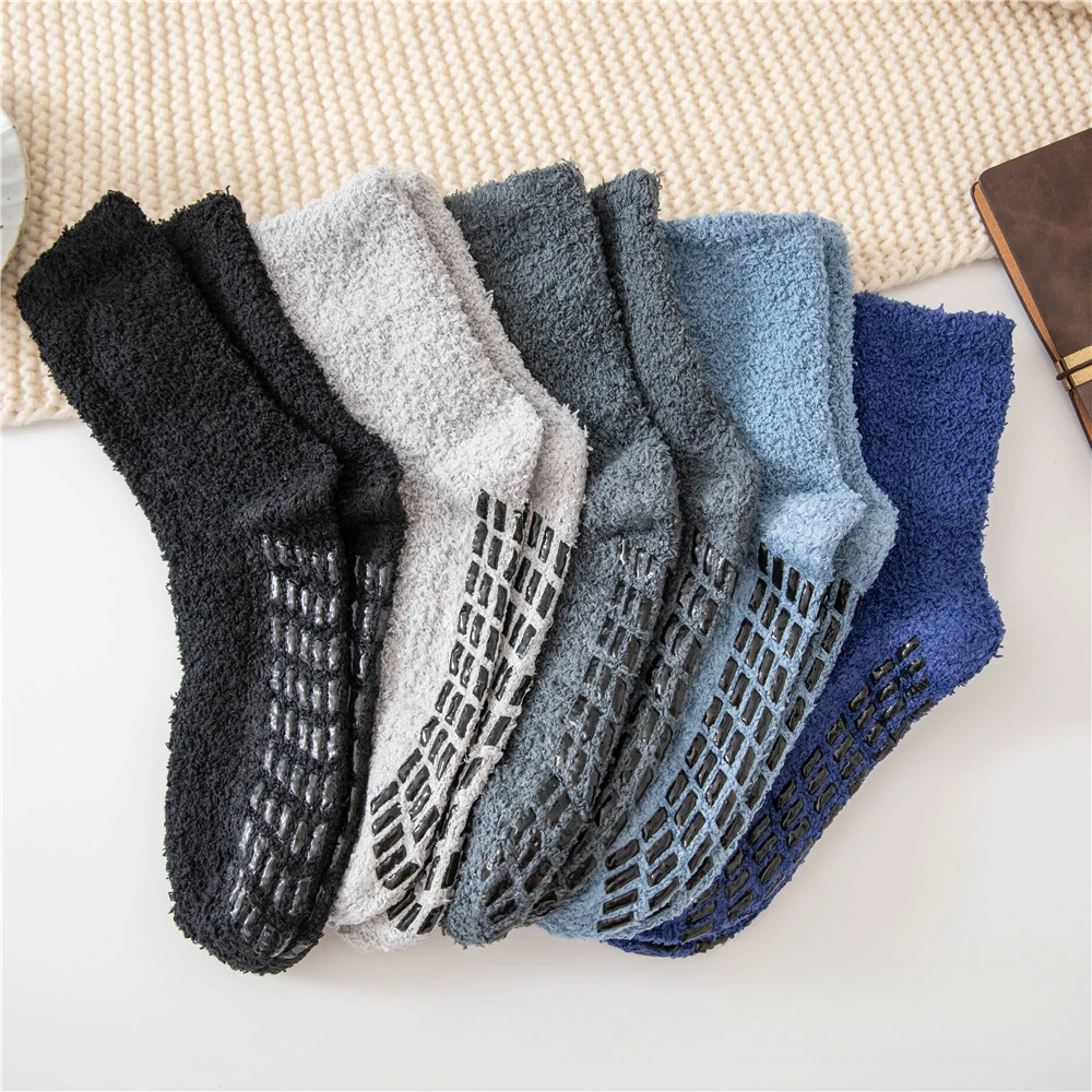 1PR Men\'s Dispensing Lint-Free Men\'s Solid Color Coral Fleece Winter Tube Socks Floor Socks Wholesale