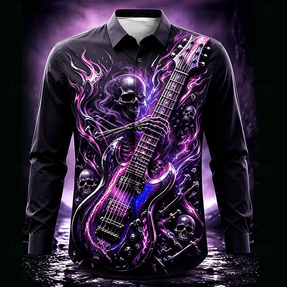2026 Halloween Men's Skull Guitar Casual Shirt Long Sleeve Horror Dark Casual Streetwear Carnival Spring Fall Turndown Button Up
