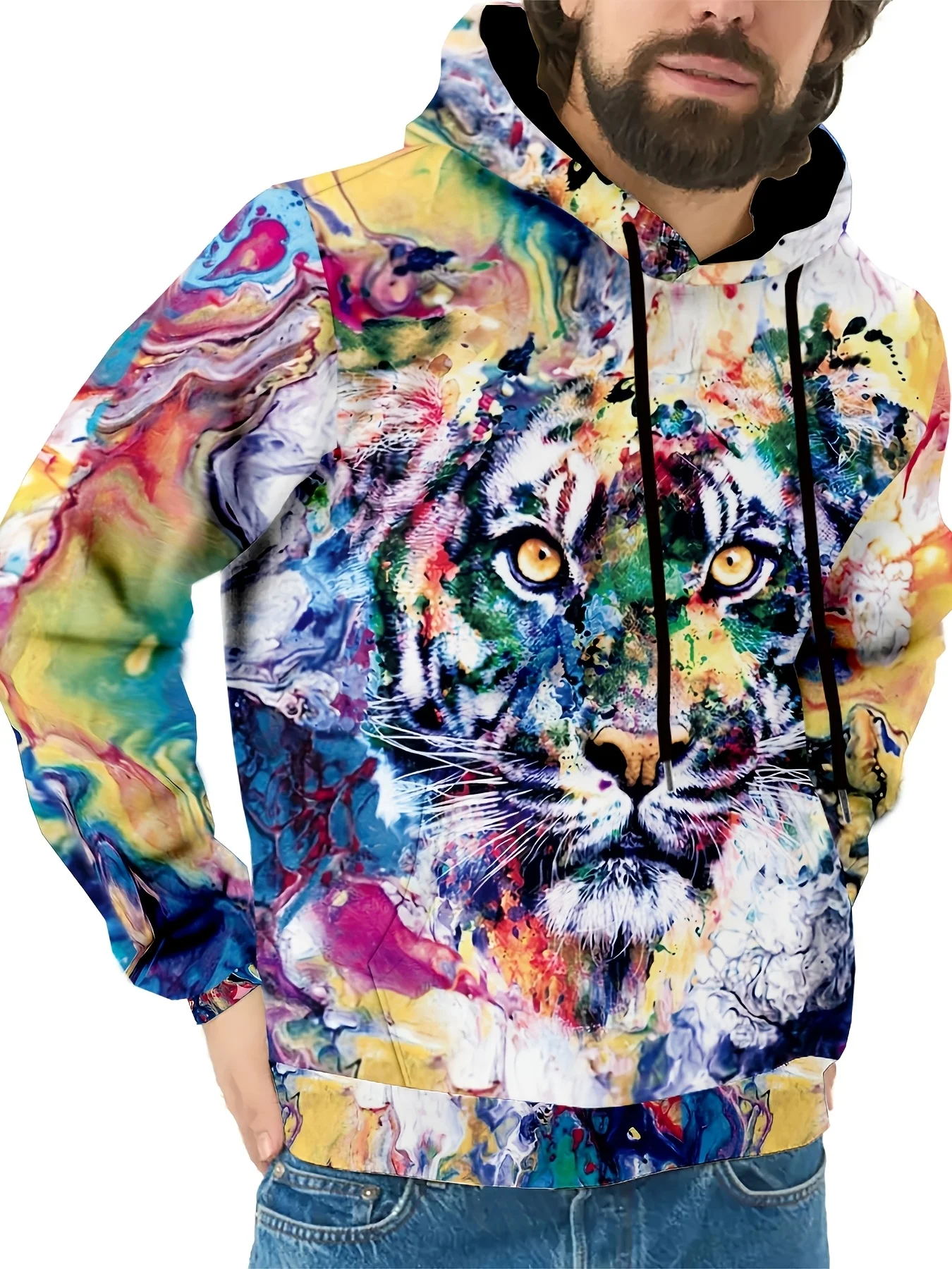 Men Women Contrast Spliced Hoodie Vintage Vertical Letter Portrait Print White Arm Stripe Drawstring Pocket Sweat Top