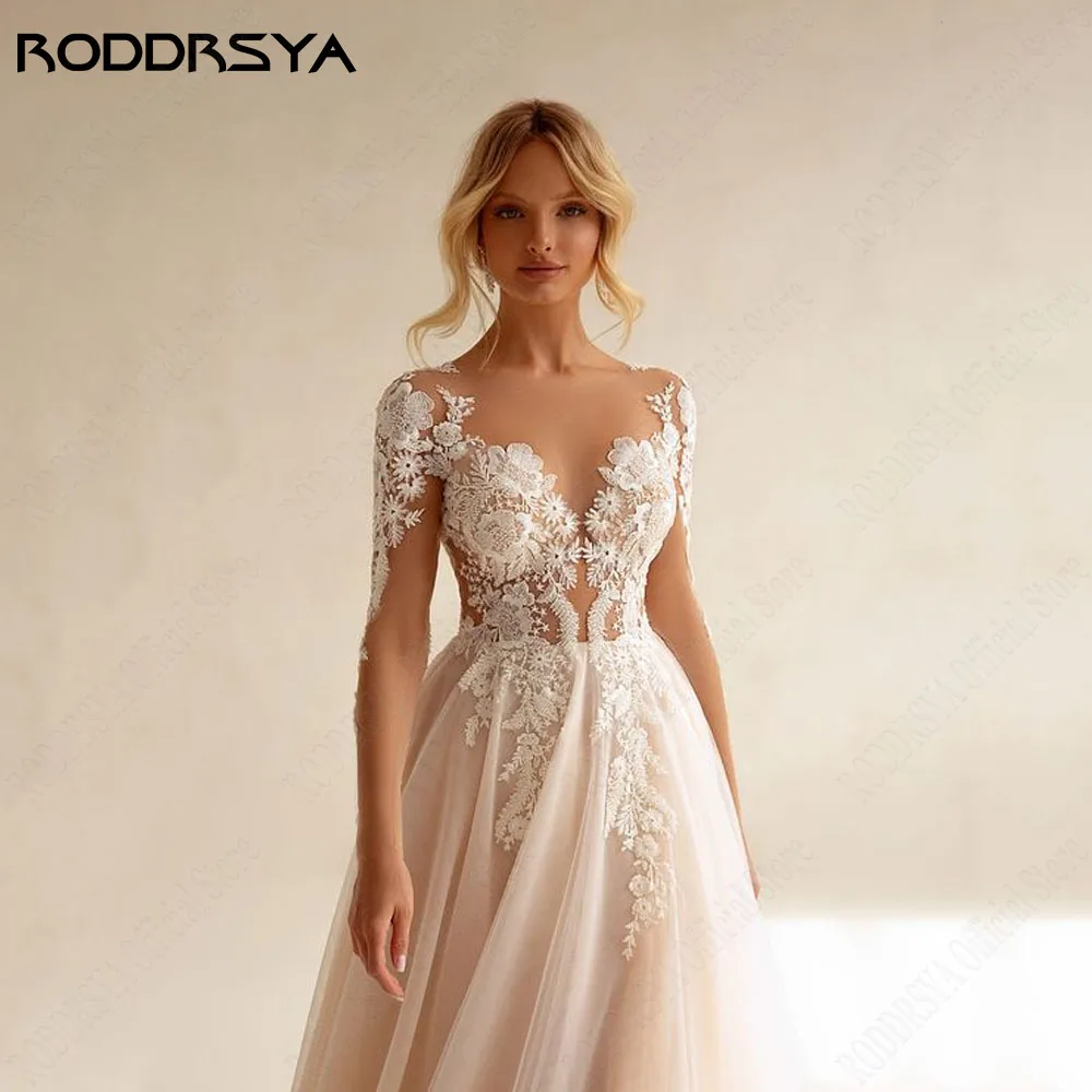 RODDRSYA Bohemian Long Sleeve Wedding Dress Women A Line See Through Lace Appliqued Beach Bridal Dress Wedding Gowns Customized