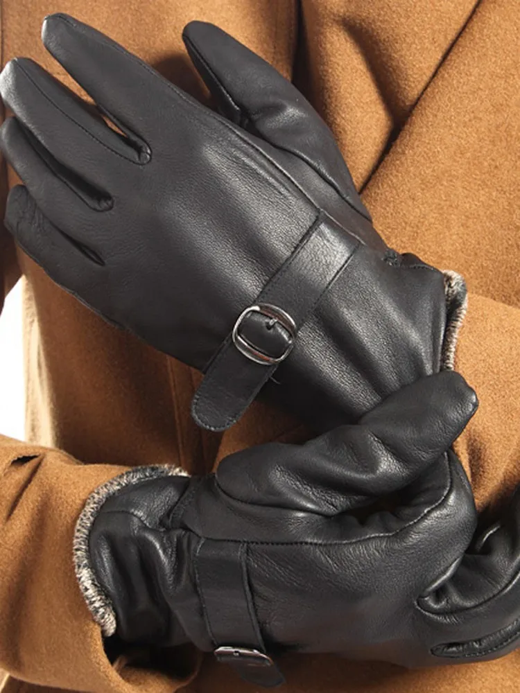 Men Winter Fleece Lining Cow Leather Split Finger Gloves Motorcycle Riding Windproof Genuine Leather Mittens Wrist Driving Glove