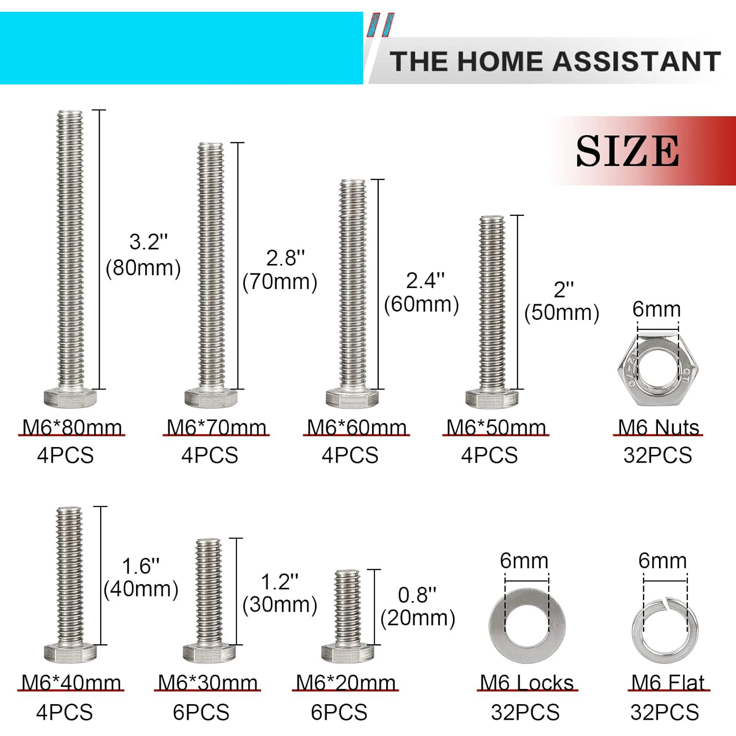 128 pieces of M6 bolts, M6 hexagonal bolts and nut kits, 304 stainless steel heavy-duty nut and bolt combination kits, 7 lengths