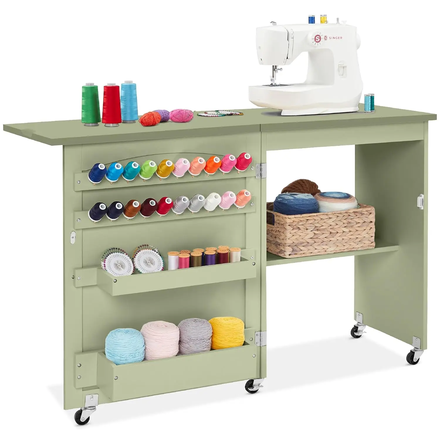 Folding Sewing Table Multipurpose Craft Desk With Wheels Shelves Storage Pegs Magnetic Doors, Customized