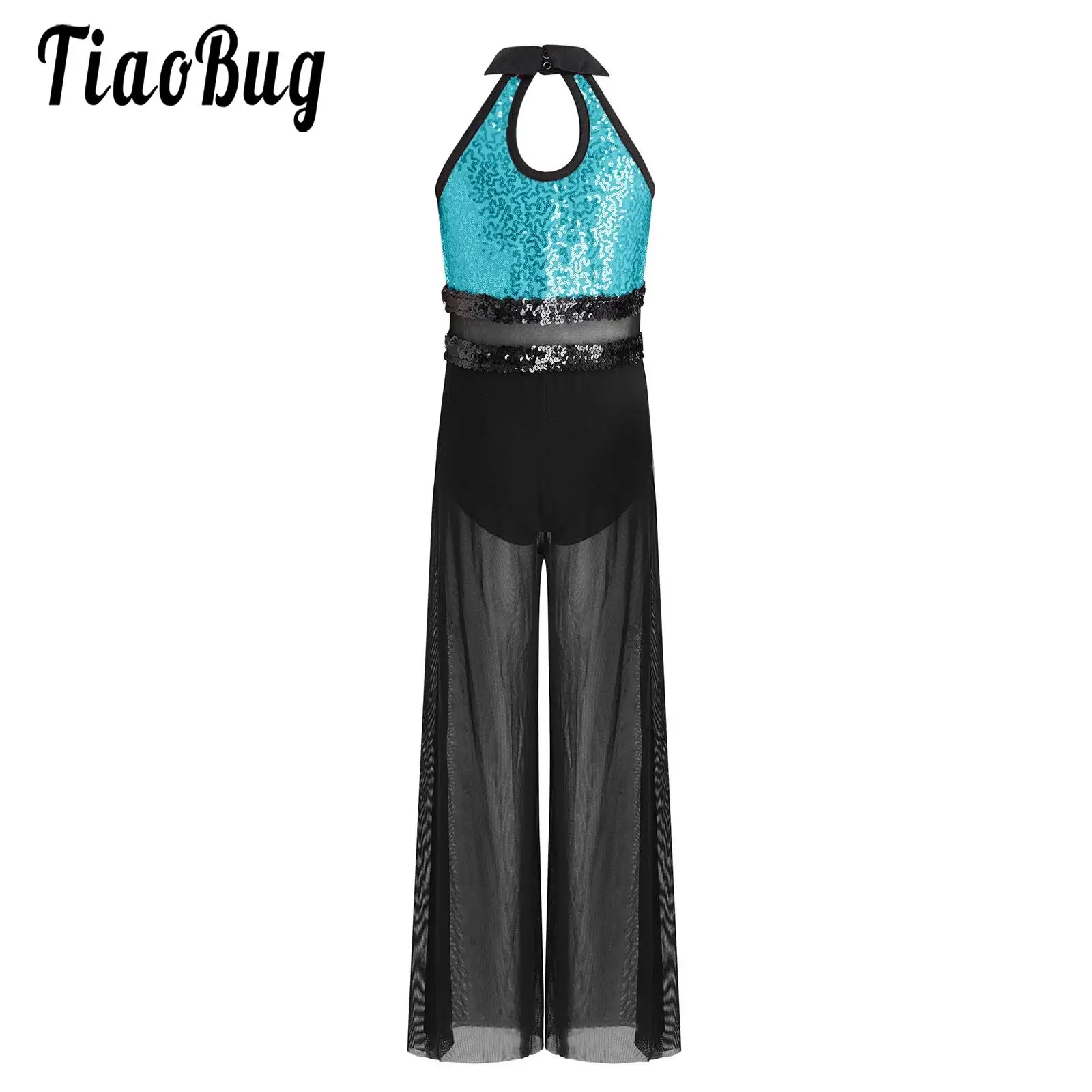 

Kids Girls Figure Skating Lyrical Dance Jumpsuit Ballet Modern Jazz Dance Costume Sleeveless Sequin Leotard Patchwork Mesh Pants