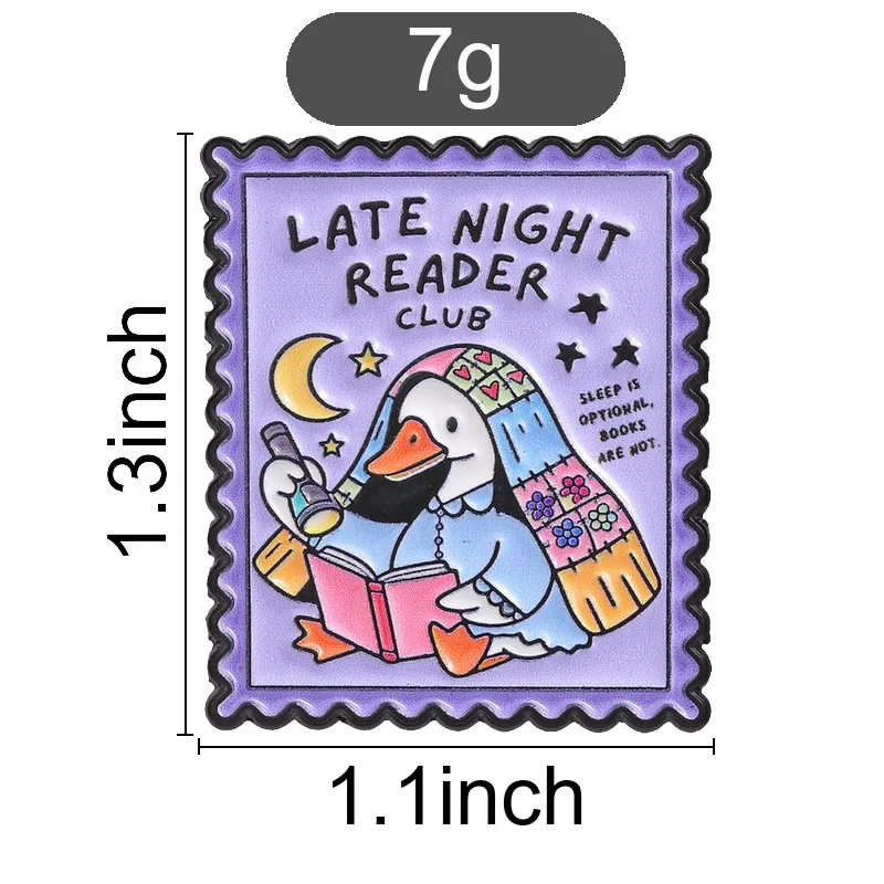 Vintage Stamp Late Night Reader Club Enamel Pin Cute Duck Reading Brooch for Bookworms and Students Library Style