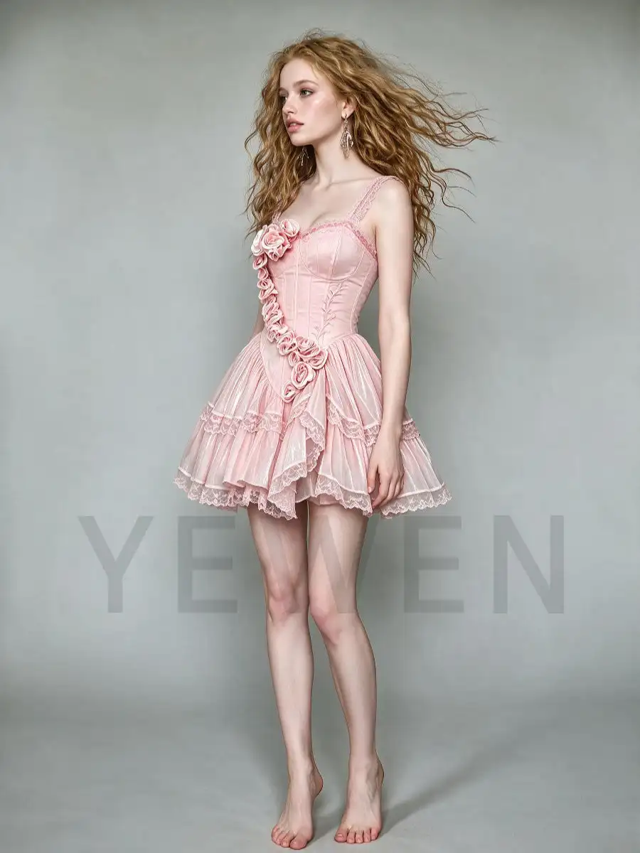 Pink Lace Strap 3D Floral Corset Mini Princess Dress WT268014 view 2