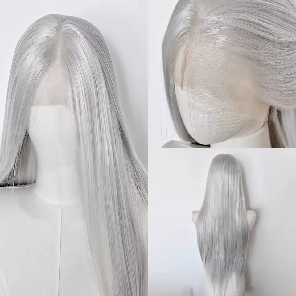 Sliver peruca dianteira do laço 13x4 longa reta peruca dianteira do laço branco fibras de alta temperatura frente do laço sintético perucas cosplay - AliExpress 200165144 - imagem 3