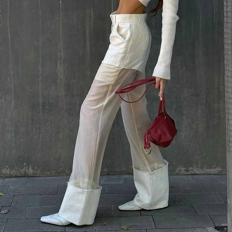 Street High-waisted Wide-leg Pants Women's 2026 Spring New Gauze Splicing Design Perspective Versatile Casual Pants