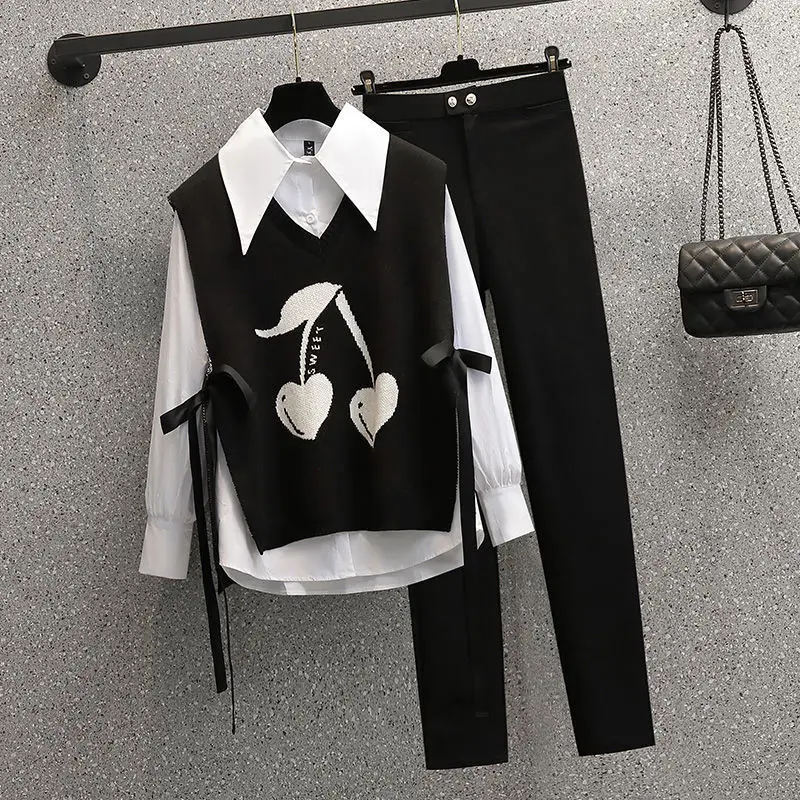 Large Spring and Autumn 2023 New Slim Fashion Sweater Vest White Shirt Casual Pants Three Piece Set Women\'s Suit