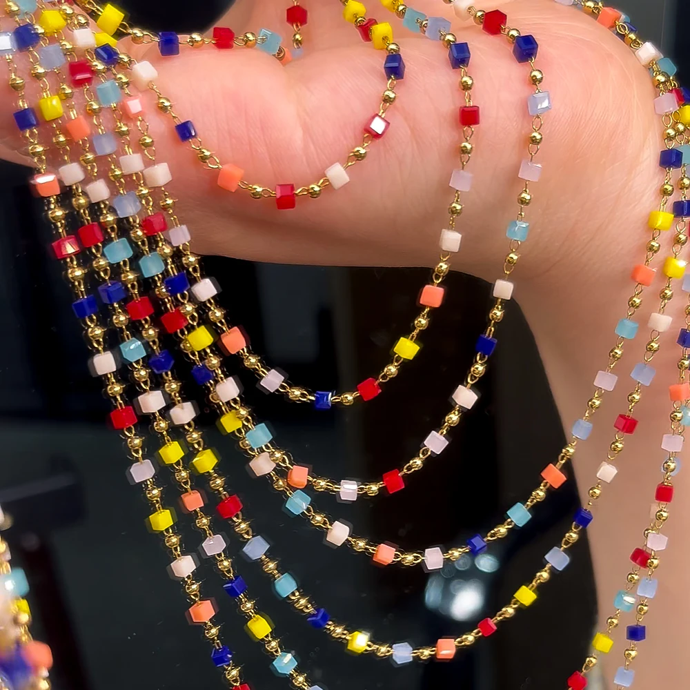 

1Meter 2.5mm Cube Square Crystal Beads Stainless Steel Gold Plated Chain for Jewelry Making DIY Boho Necklace Bracelets Supplies