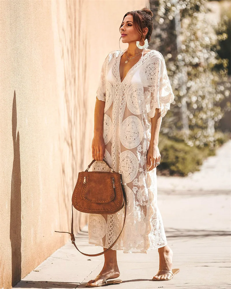 Vestido largo de encaje Sexy para Mujer, vestidos largos de transporte de verano, traje de baño de malla Beige para cubrir la playa, ropa de playa para Mujer en la playa