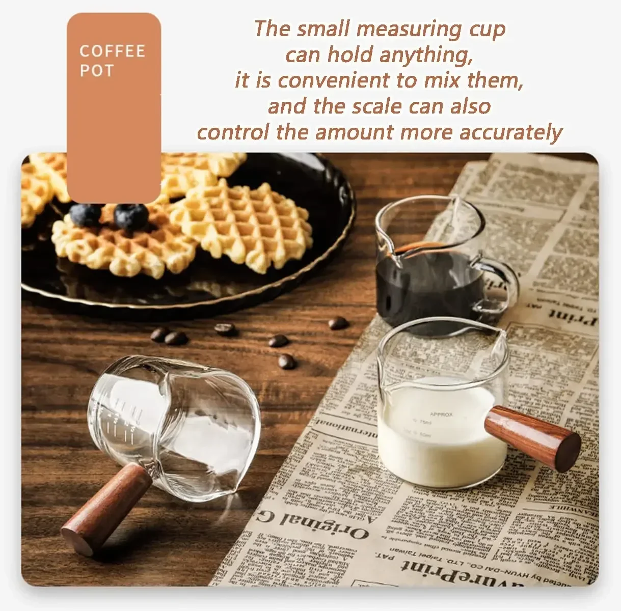 

100ML Double Spout Coffee Milk Glass Pot with Wood Handle Cute Measuring Frothing Pitcher Latte Cup for Barista Coffee Making