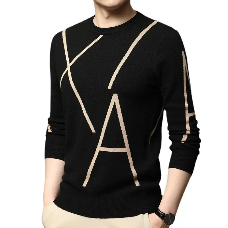 カスタマイズ可能なファッションニットハイエンドデザイナー冬のウールプルオーバー黒のセーター男性のためのクールな秋カジュアルジャンパー紳士服