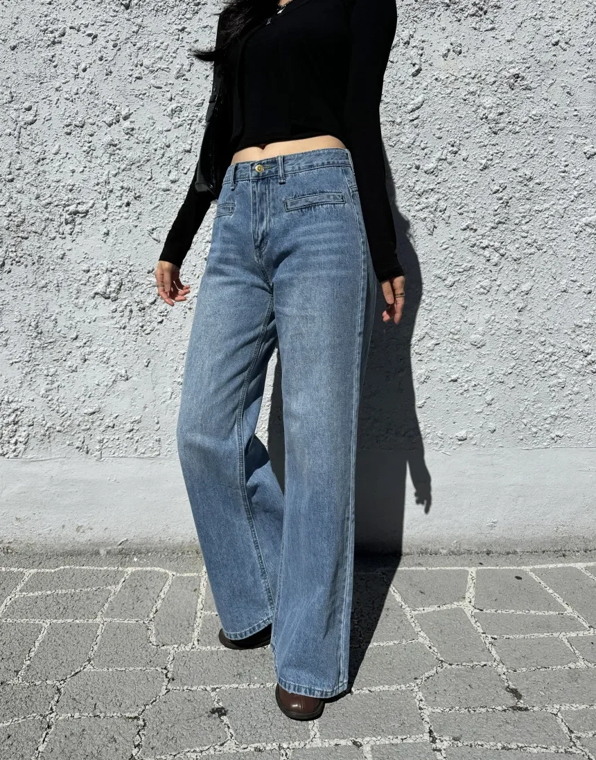 Vintage Blue High Waisted wide leg Jeans Women Korean Fashion Streetwear Boyfriend Baggy Jeans Female Pocket Denim Pants