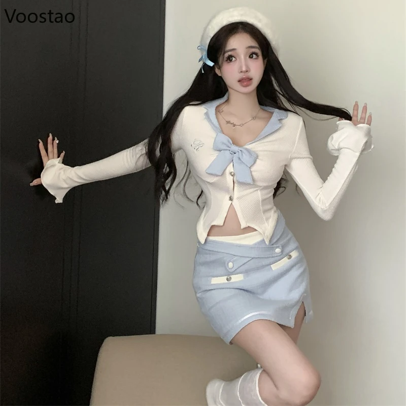 Japanese Blue Kawaii Lolita 2 Piece Set Women Y2k Sweet Slim Blouse Tops Mini Skirt Suit Female Korean Fashion Casual Chic Sets