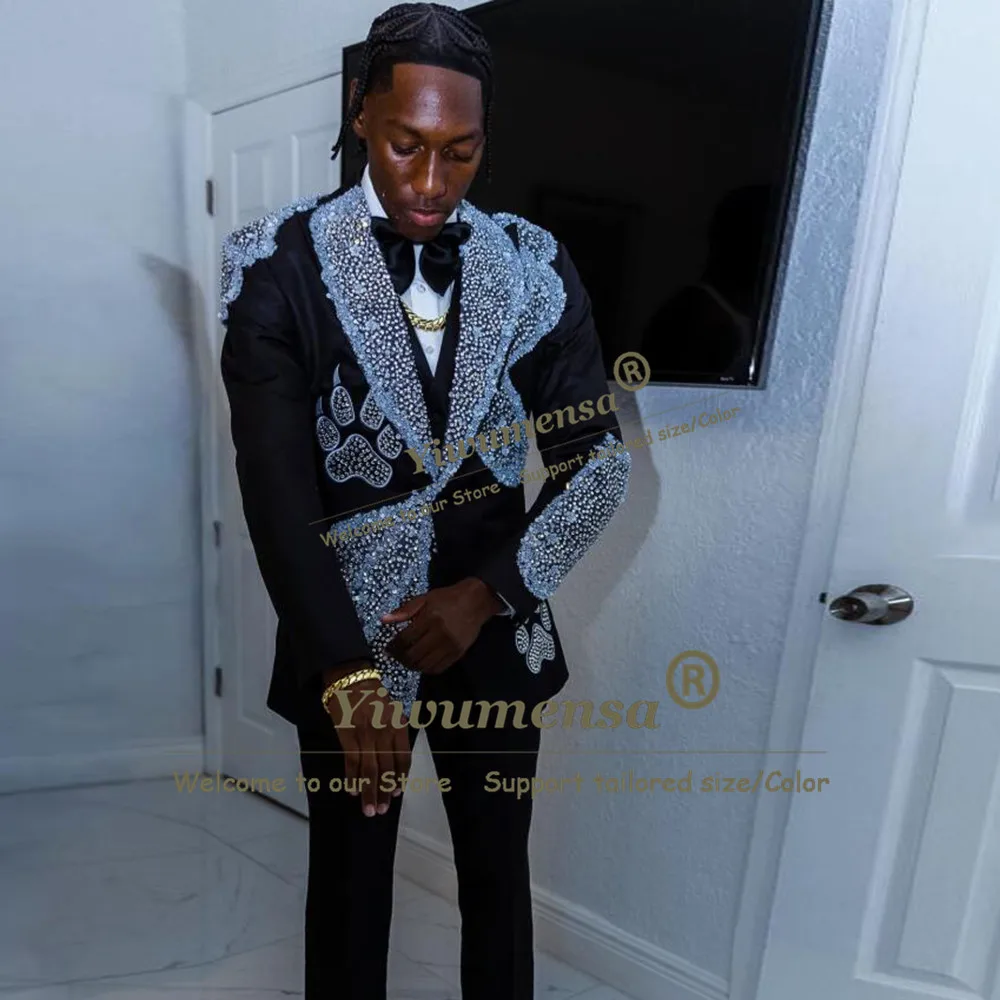 Luxury Groom Wedding Tuxedo Suit For Man Sparkly Beaded Stones Jacket Waistcoat Pants 3 Pieces Sets Man Stage Performance Outfit