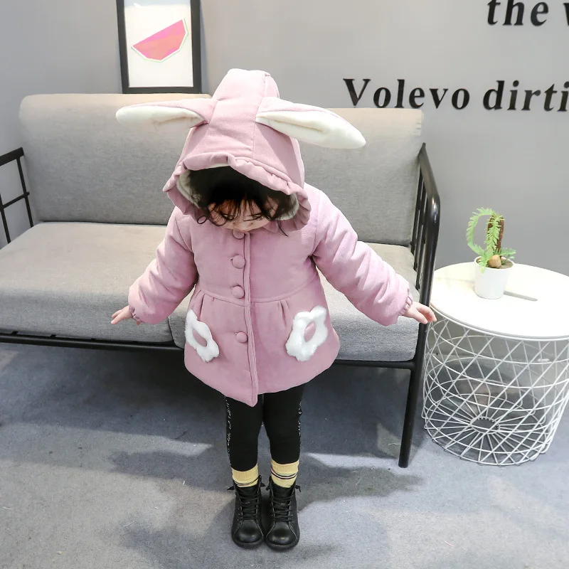 Summer New Baby Girls Coat Cotton-Padded Jacket Little Rabbit Ears Hooded And Fleece Thick Coat Flower Sweet Coat