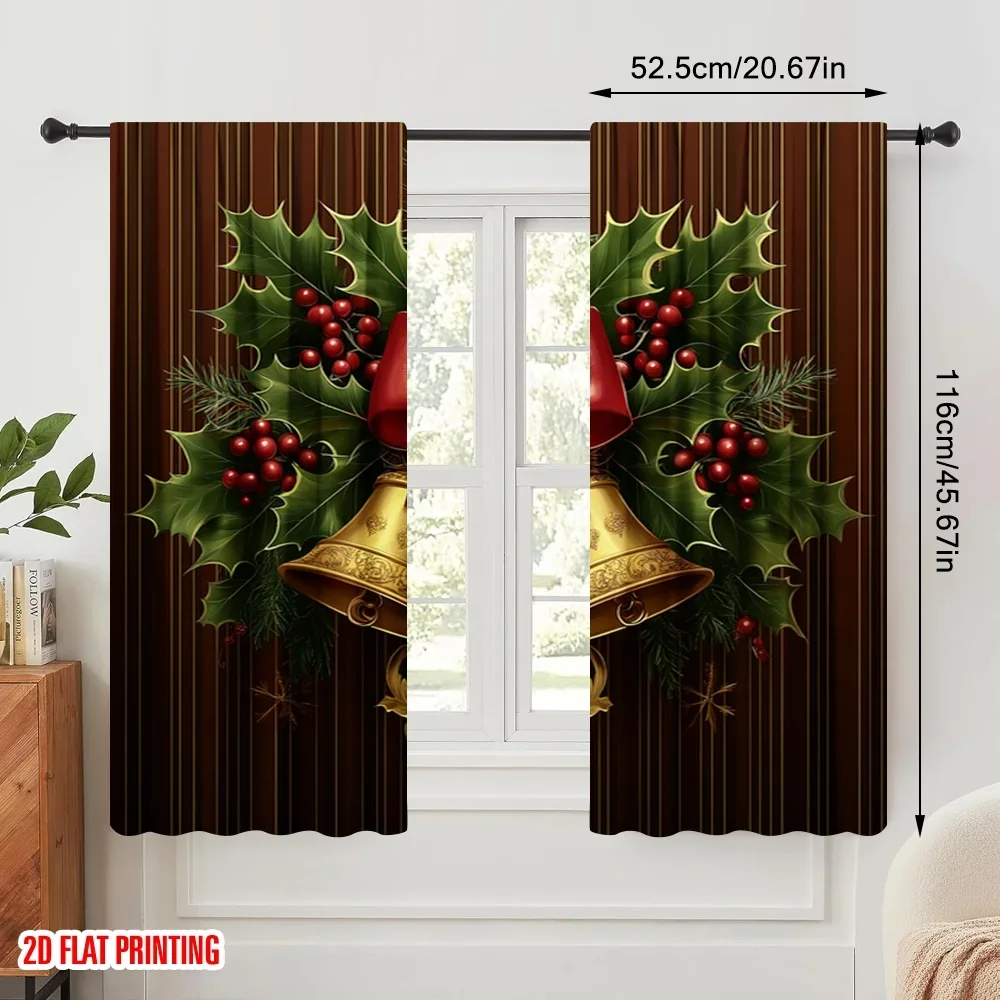 2pcs,2D plane printing Contemporary Curtains Christmas Bells Holly Poinsettia (2) Durable 100% Polyester Fabric (without rod)