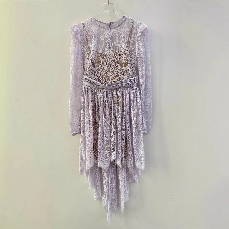 

Women Spring Summer New Round Neck Lace Mini Dress Elegant Slim Look Thinner A-line Party Dress High Quality