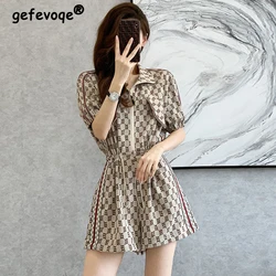 Summer Vintage Print Aesthetic Fashion Playsuits Women Short Sleeve Sexy Sweet Kawaii Lady Rompers Chic Casual Female Clothes