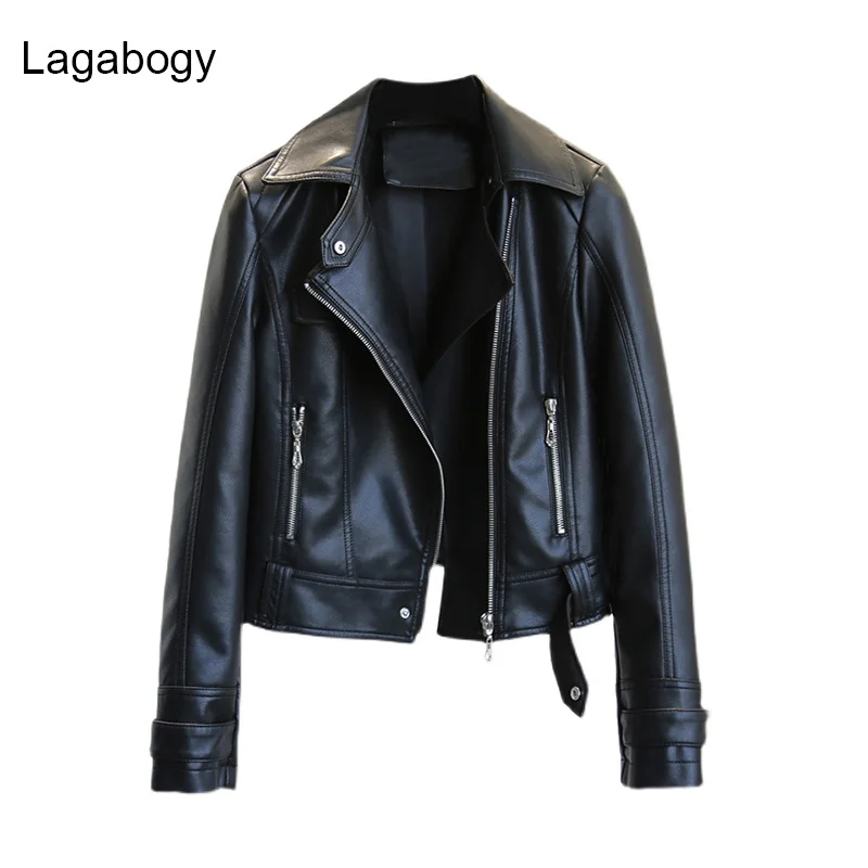 

New Spring Autumn Women PU Faux Lagabogy Leather Jacket Female Slim Black Rivet Zipper Motorcycle Pink Coats Turn-Down Collar