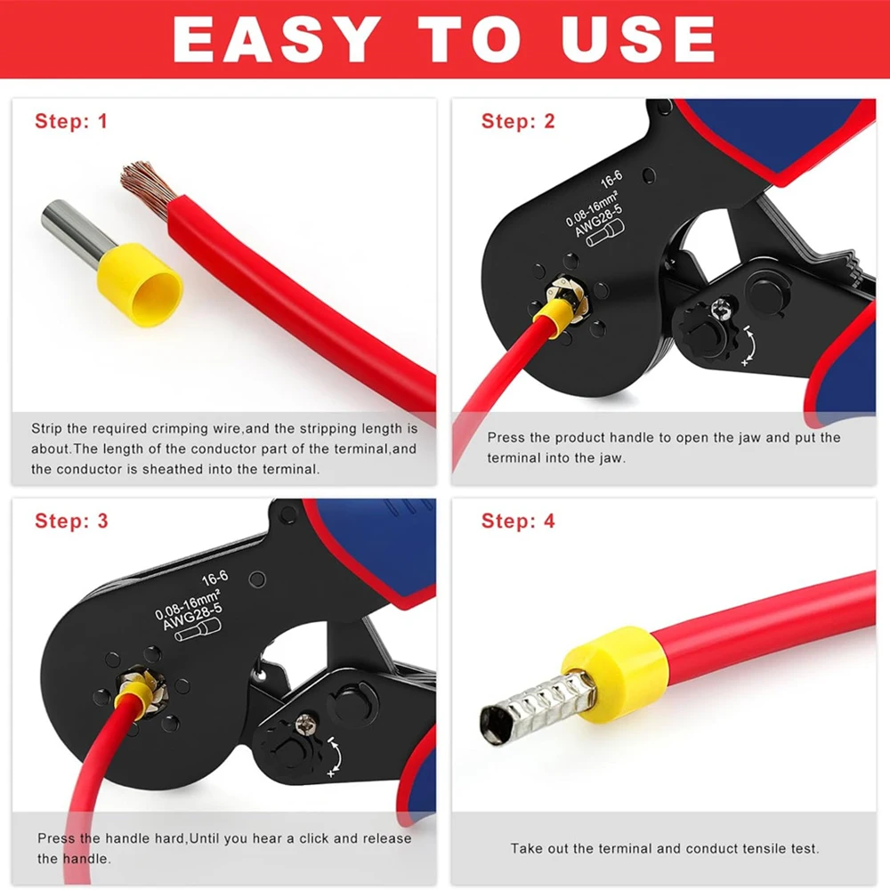أداة تجعيد الطويق السداسية، أداة تجعيد 16-6 حلقات ومكشكش سلكي سداسي لأكمام نهاية الكابل 28-5 AWG/0.08-16mm2