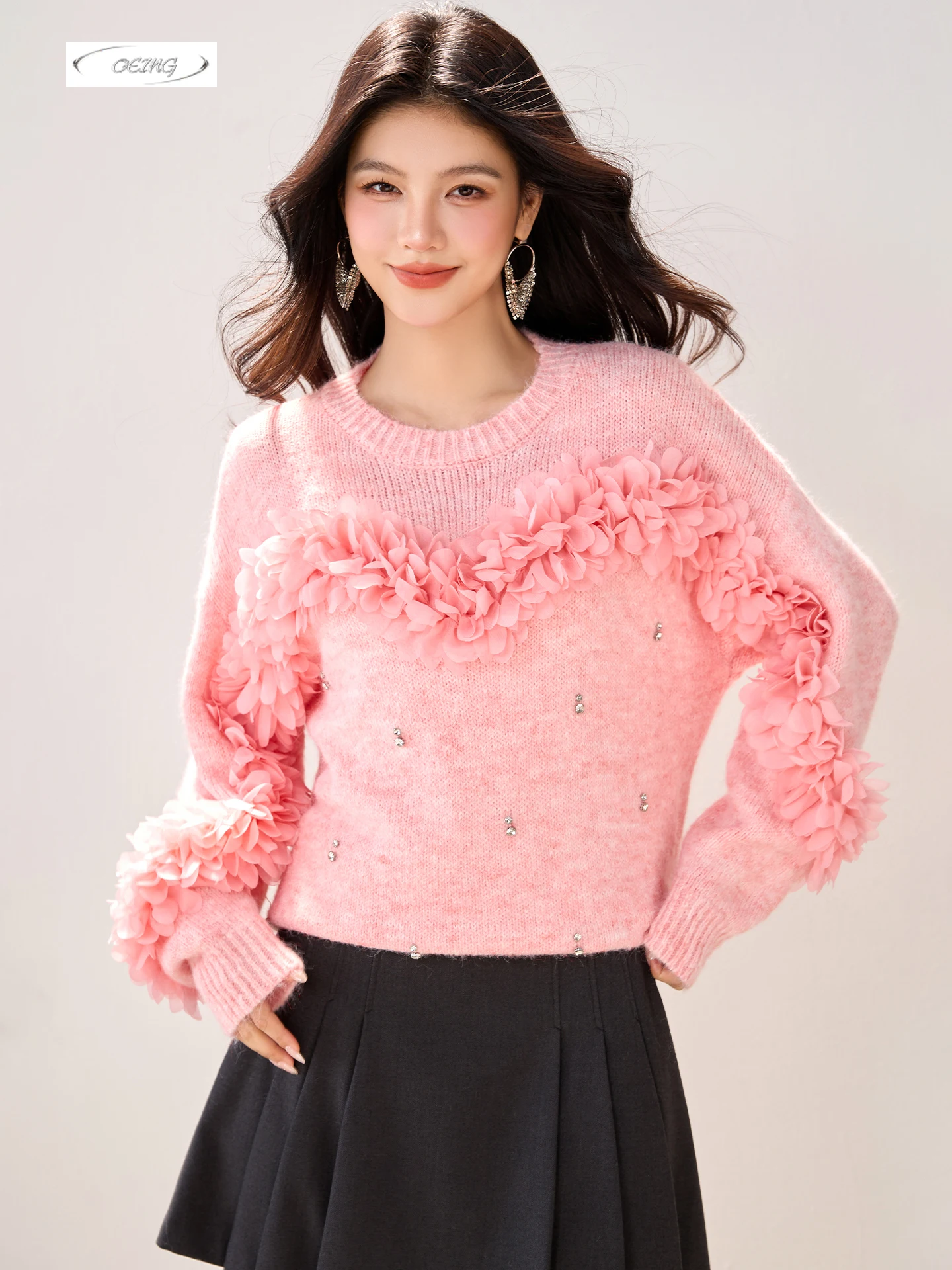 

Fashion Sweet Patchwork O-neck Pink Sweater for Women Autumn Winter Elegant Korean Style Loose Knitted Pullover Knitwear 6041