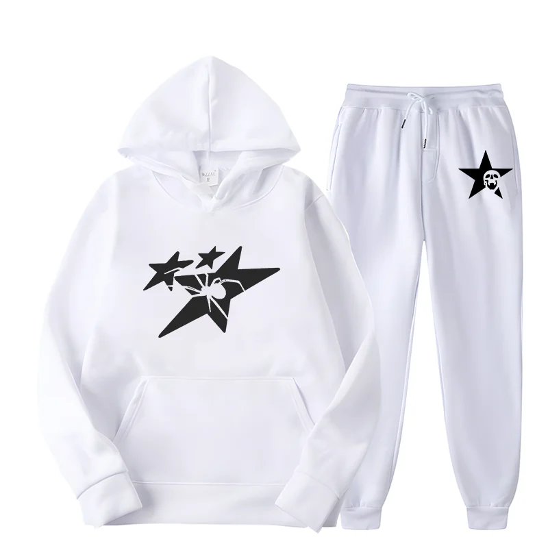 Spider Star Pattern Hoodie Sets Men Women 2024 Spring Autumn New Design High Street Hip Hop Style Oversized Hooded+Pants Sets