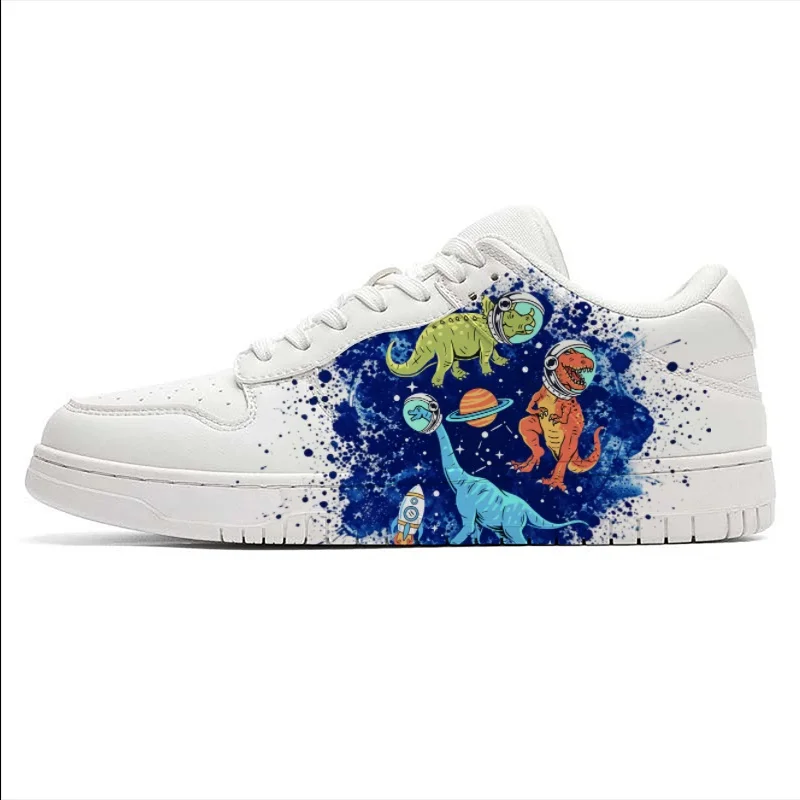 Dinosaur Print Sneakers Unisex White Low Top Skate Shoes Men Women Fashion Streetwear Flat Shoes Comfort Walking Shoes