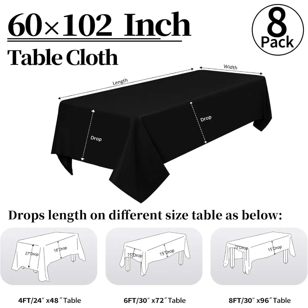 ผ้าปูโต๊ะโพลีเอสเตอร์ 60 x 102 สำหรับโต๊ะสี่เหลี่ยมผืนผ้าขนาด 6 ฟุต - ป้องกันรอยยับและซักได้, ผ้าคลุมตกแต่งสีดำ