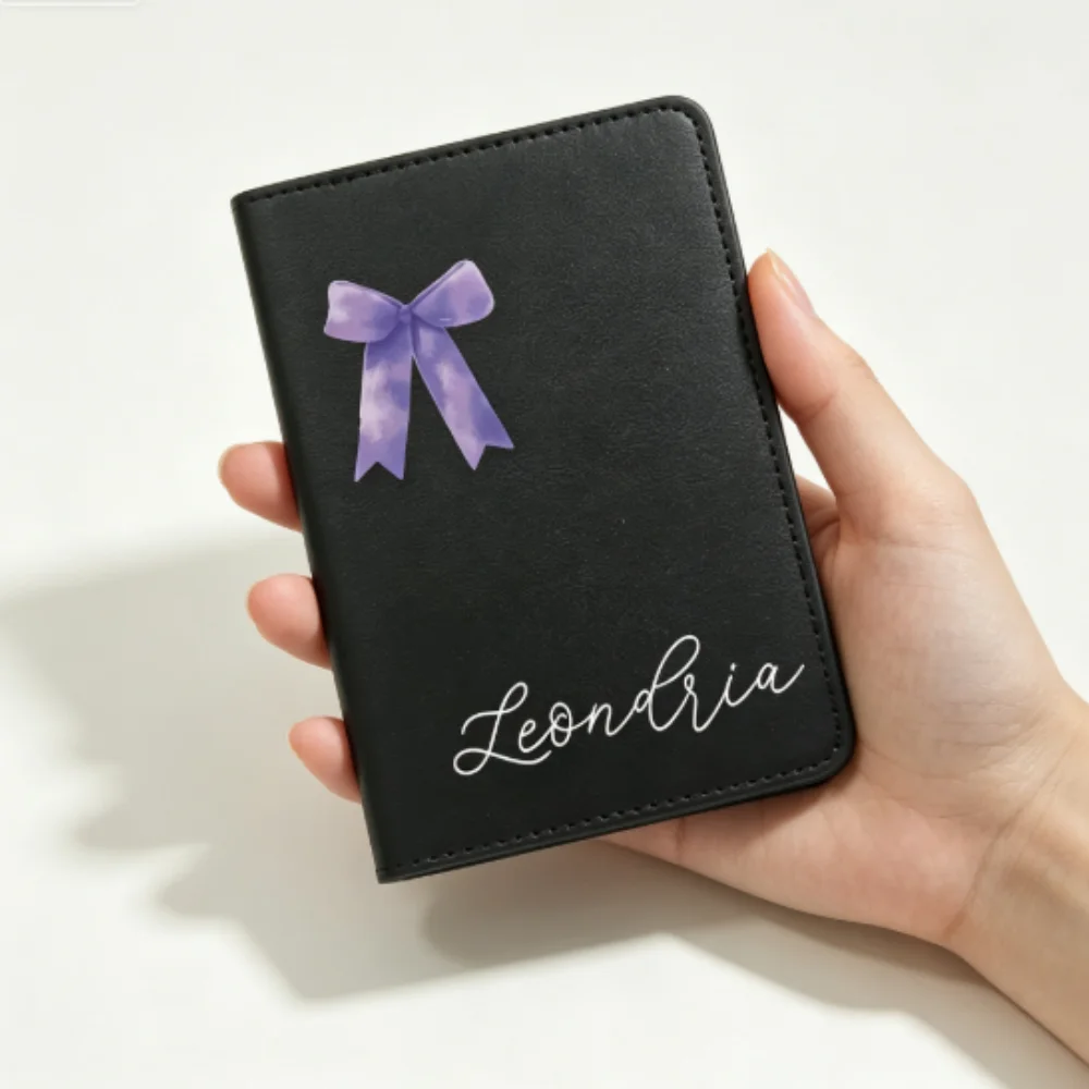 Personalized Bow Pattern Custom Name Passport Holder, Stylish Travel Card Case, Sweet Gift for Wedding Birthday Valentine Lovers