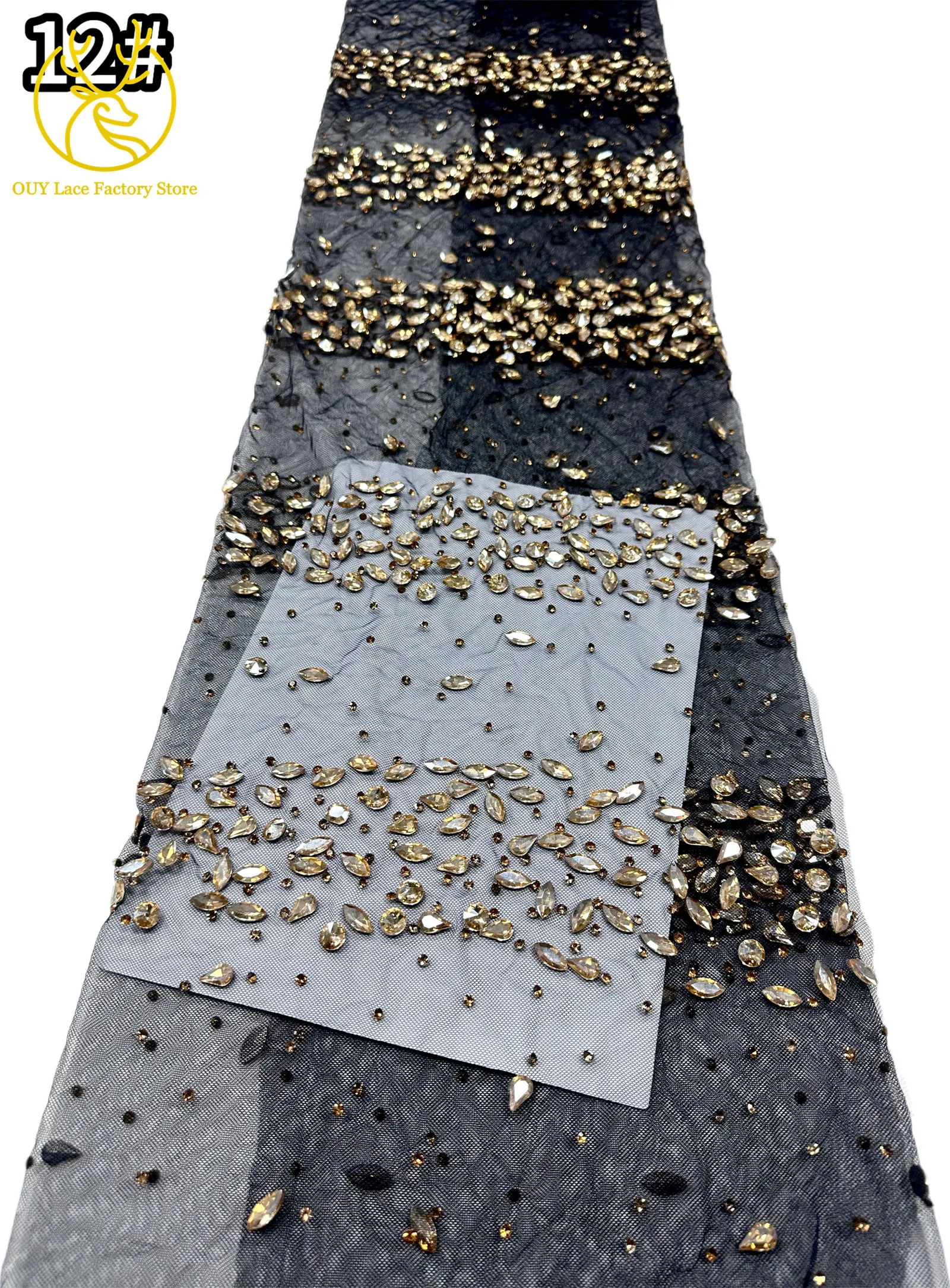Goldener Luxus-Tüll-Spitzenstoff aus Dubai, hochwertiger nigerianischer afrikanischer Diamant-Tüll-Spitzenstoff für Hochzeitskleidung. – Detail 22