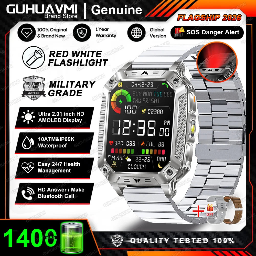 2026 Nieuwe Ingebouwde 1400mAh Supergrote Batterij Heren Smartwatch Outdoor GPS 2.01" AMOLED Scherm 10ATM Waterdicht BT Oproep Smartwatch - afbeelding 1