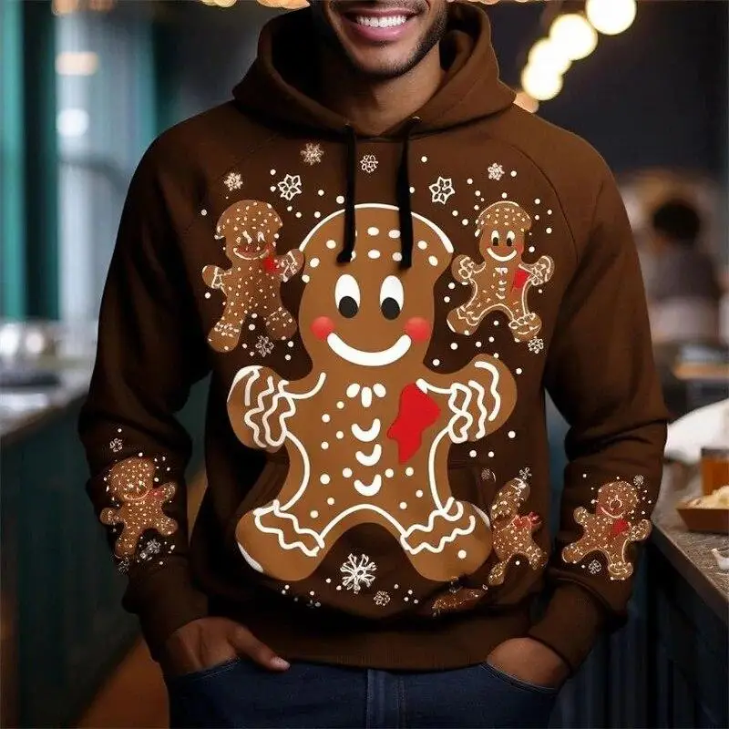 

Christmas Gingerbread Pattern Men's Hoodie Cute 3D Print Long Sleeves Pullover Autumn Casual Loose Sweatshirts Men Clothing Tops