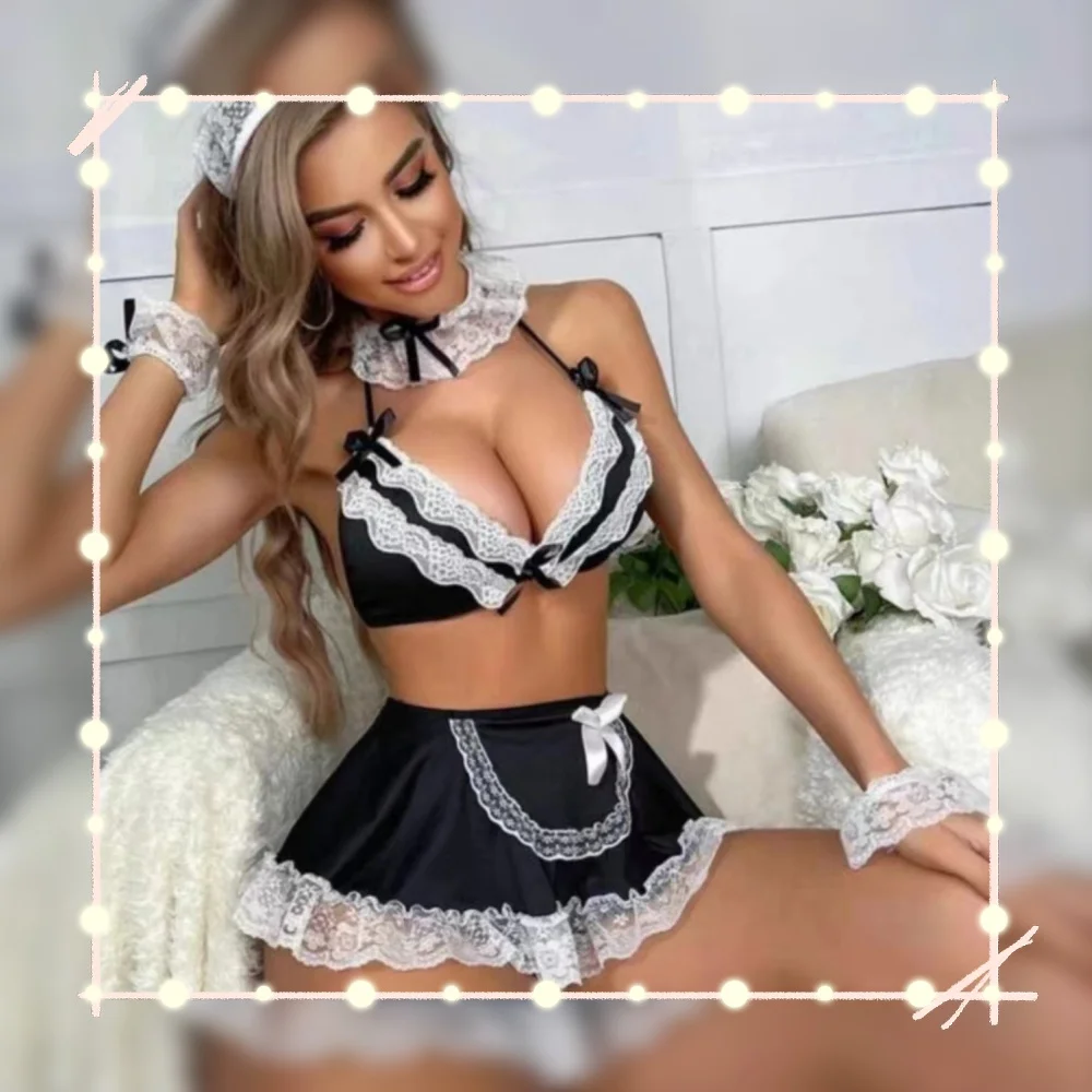 

Нижнее белье на Хэллоуин, сексуальный горячий костюм горничной для косплея, бюстгальтер, юбка, стринги, 3 предмета с аксессуарами, милый костюм Лолиты контрастного цвета