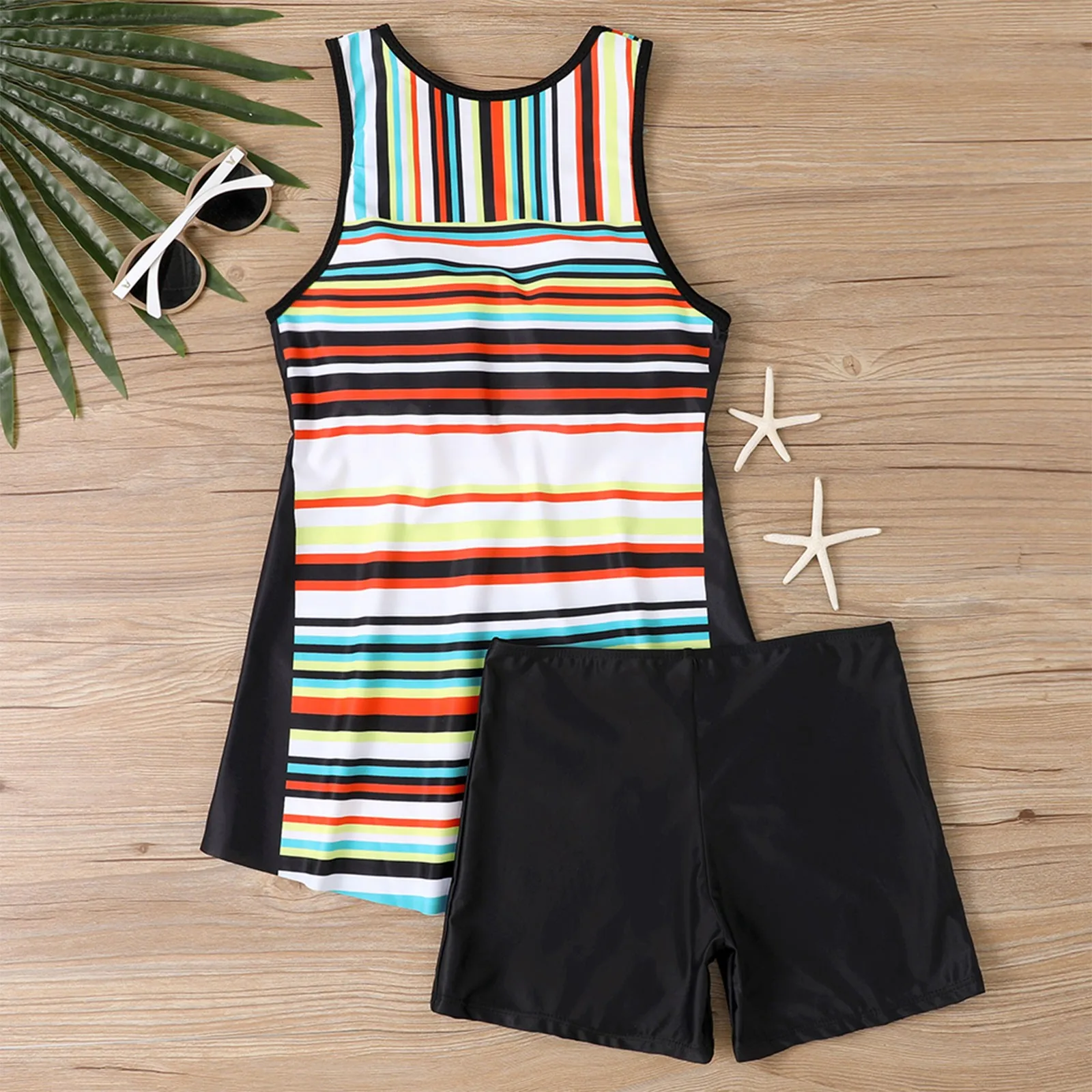 المرأة انقسام ملابس السباحة مجموعة موضة الاتجاه المطبوعة تانك القمم مع وسادة الصدر سليم صالح مجموعة تي شيرتات قصيرة للأطفال السببية حجم كبير ملابس السباحة قطعتين