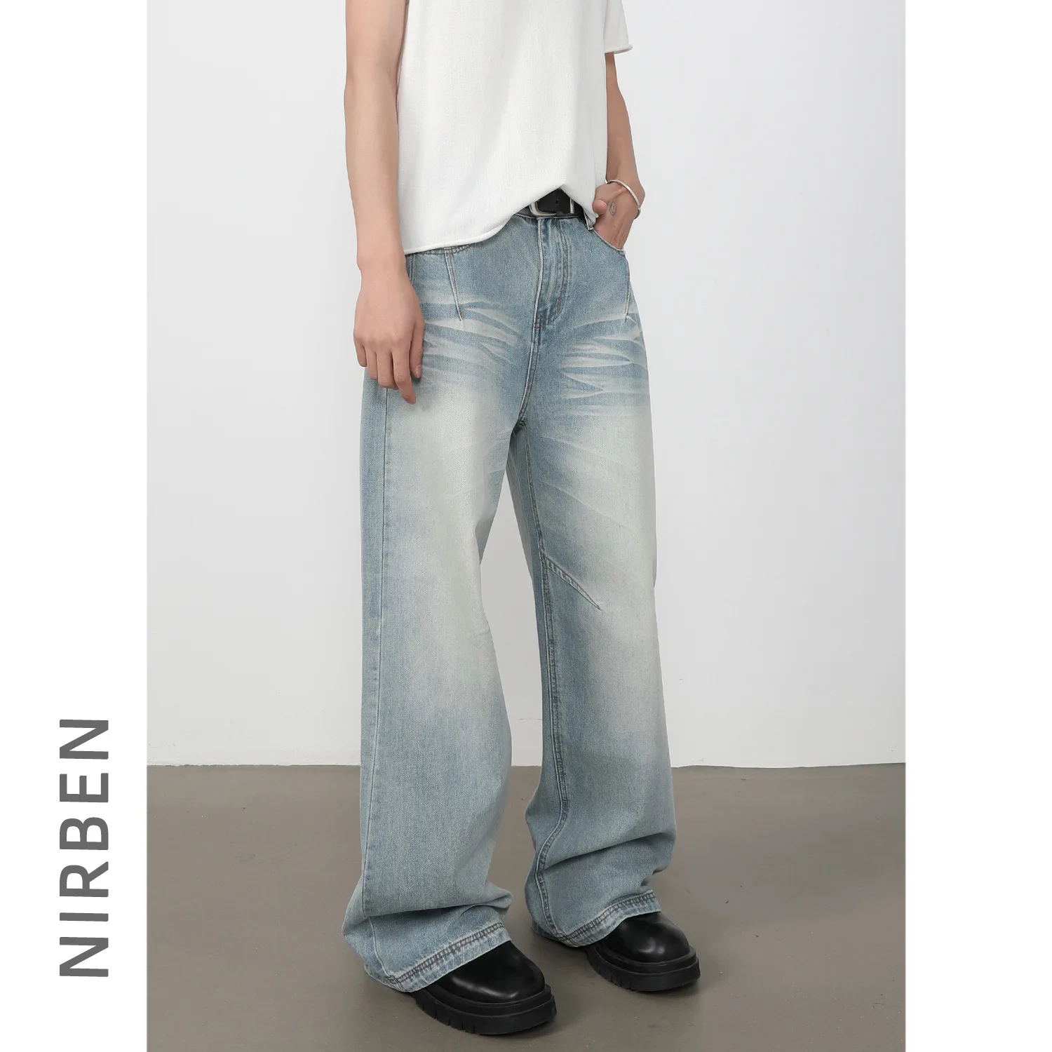 American High Street Vintage Men's Light Blue Wide Leg Casual Simple Basic Trendy Jeans Pants Male New Fashion Denim Trousers