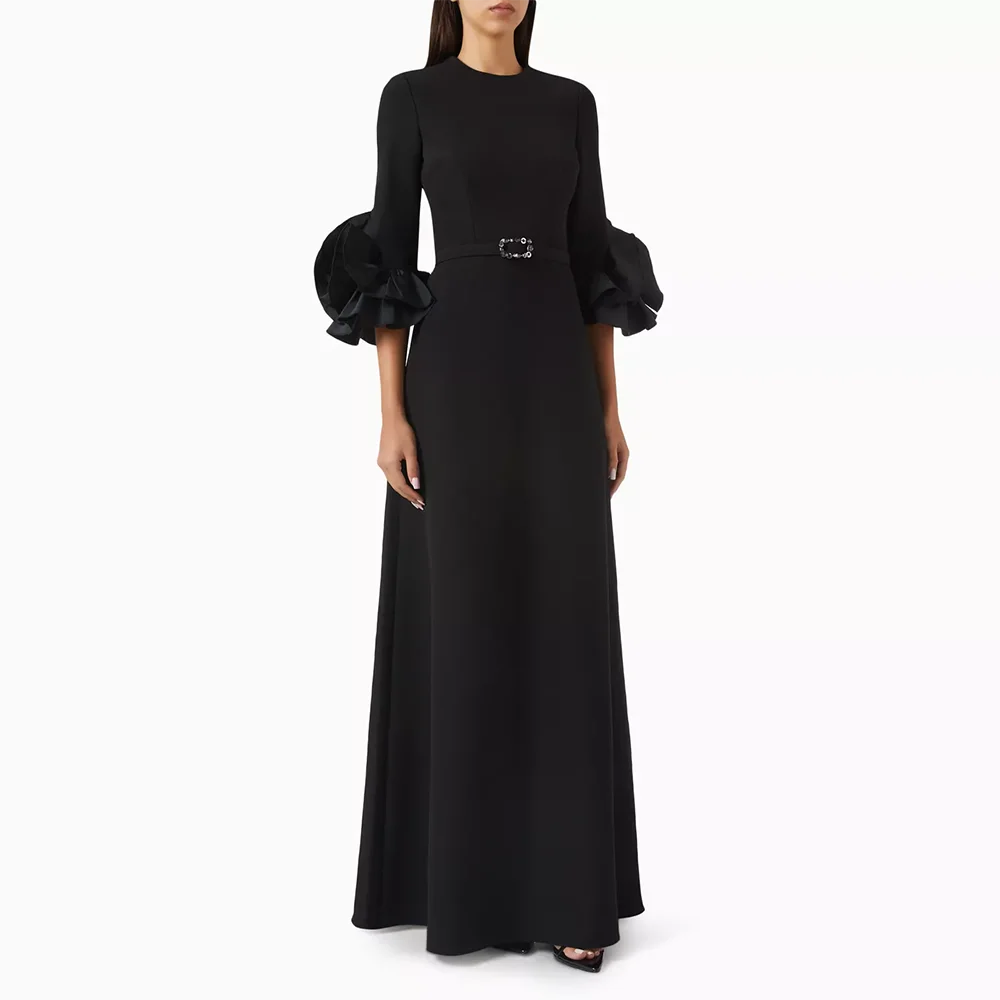 

Customized Black O-Neck Half Sleeves Evening Dresses Elegant Formal Occasion Prom Gowns Sash 2025 Floor Length Prom Dresses