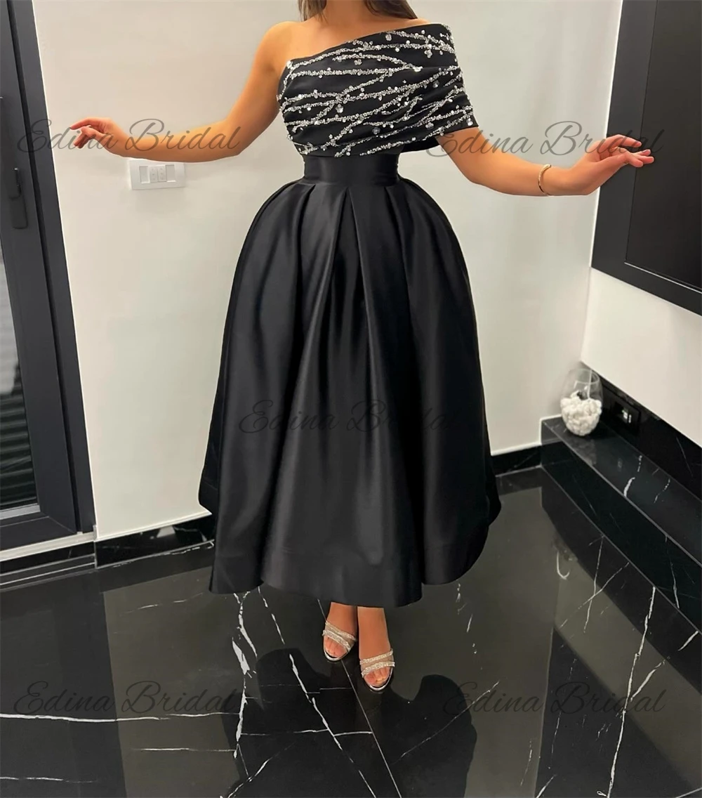 A-line Lace Prom Gown One Shoulder Short Sleeve Ankle-Length Exquisite Backless Evening Dresses for Women فساتين الحفلات