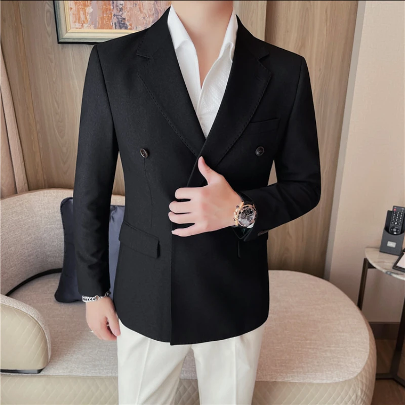 British Style Double Breasted Suit Jackets Men\'s New Solid Color Business Casual Blazer Male Trend Slim Social Party Dress Coats