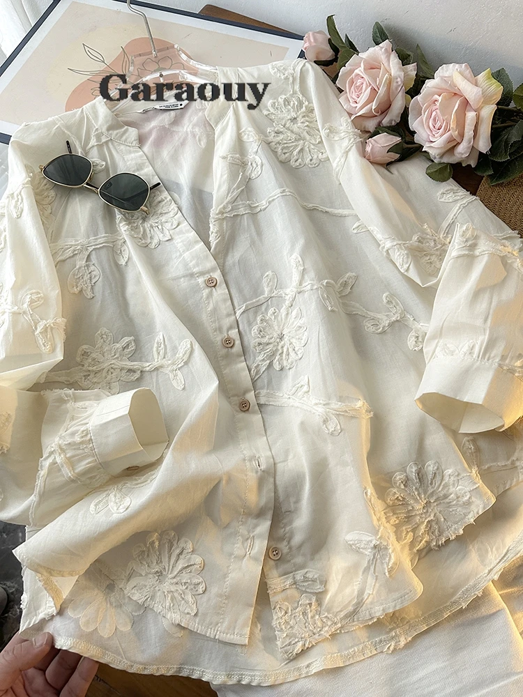 Garaouy 2024 Summer Shirts And Blouses Flower Decoration Long Sleeve Top Women Button Up Blouse Streetwear Shirt Top