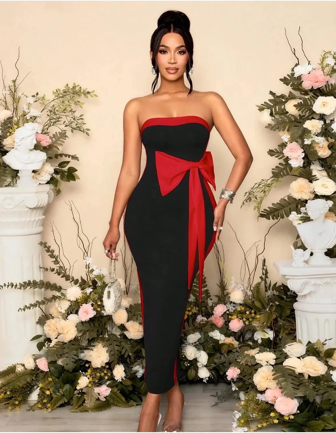 

High Quality Women Sexy Strapless Off the Shoulder Bow Bodycon Long Bandage Dress Nightclub Party Celebrate Birthday Outfit