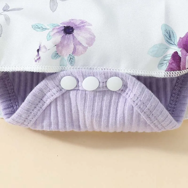 Combinaisons violettes pour bébés filles, grenouillères avec bandeau, jupe imprimée en fibre, tenues d'été pour tout-petits, vêtements pour bébés, 0-18 mois