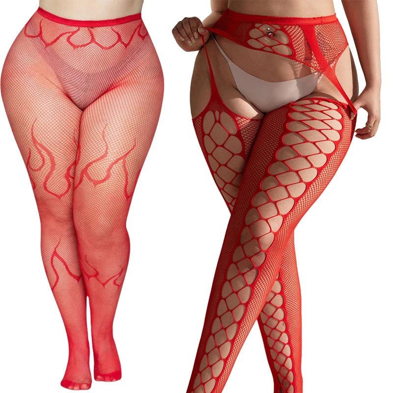 Plus Size 90-140kg Women\'s High Waist Sexy Fishnet Black Tight Exotic Fishnet Pantyhose Flame Halloween Patterned Nylons Stockin