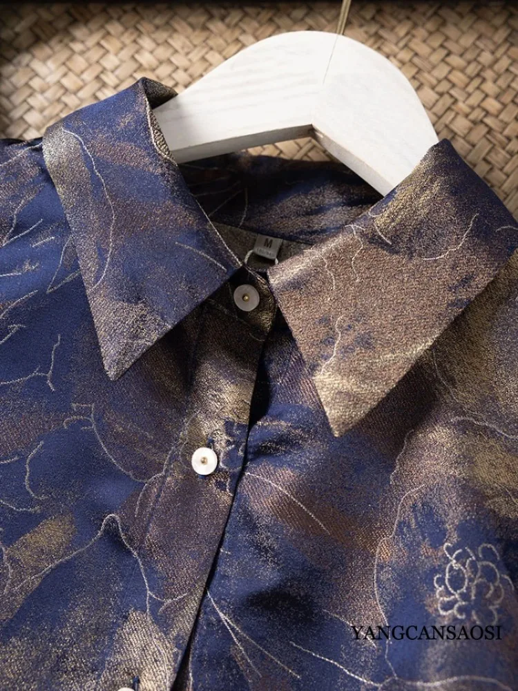 2026 여성 패션 봄 의류 100% 천연 뽕나무 실크 송 브로케이드 네이비 블루 연꽃 레트로 다용도 기품 있는 셔츠