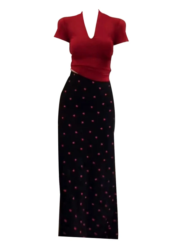 

plus Size Women's Casual Faion Summer Outfit Set V-Ne ort Sve T-irt High Waist Skirt Two-Piece Ensemble