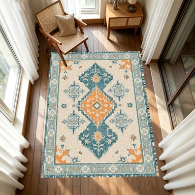 Beige Blue Orange Persian Medal Carpet Traditional Ushak Style Non-Slip Carpet Suitable for Living Room and Bedroom
